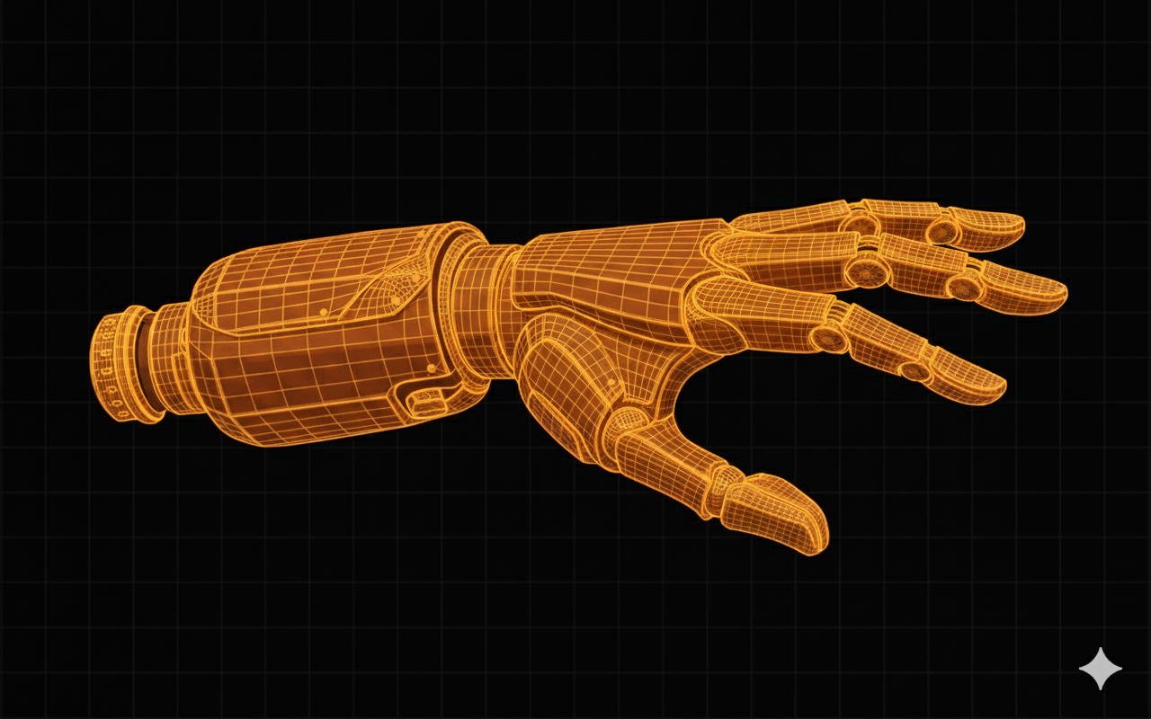 A sophisticated robotic hand interacting with a digital interface.